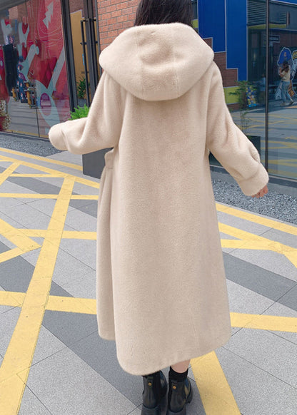 Beige Button Leather and Fur Hooded Maxi Coat Long Sleeve