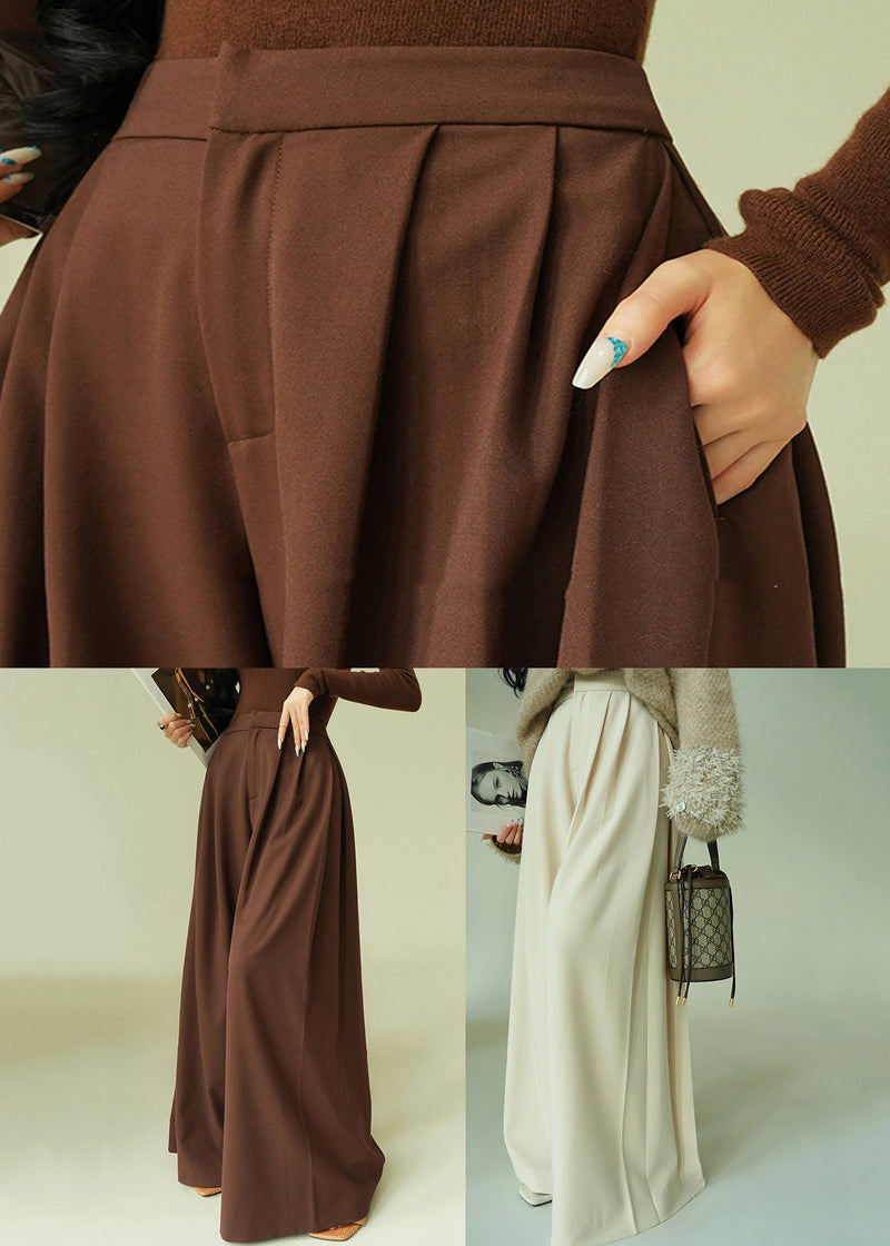 Beige Button Pockets Spandex Wide Leg Pants High Waist