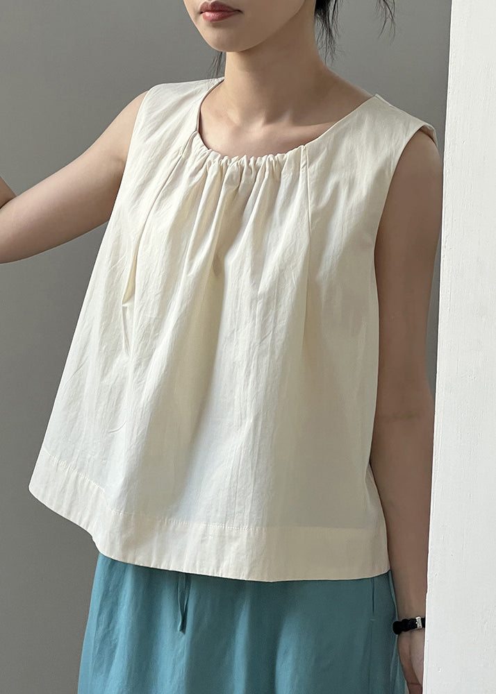 Beige Button Cotton Tops O-neck Summer