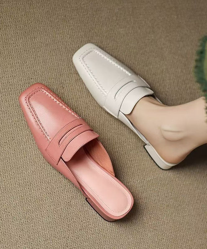 Beige Chunky Cowhide Leather Splicing Slide Sandals