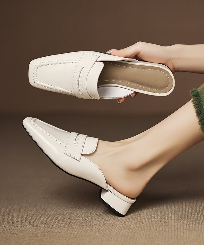 Beige Chunky Cowhide Leather Splicing Slide Sandals
