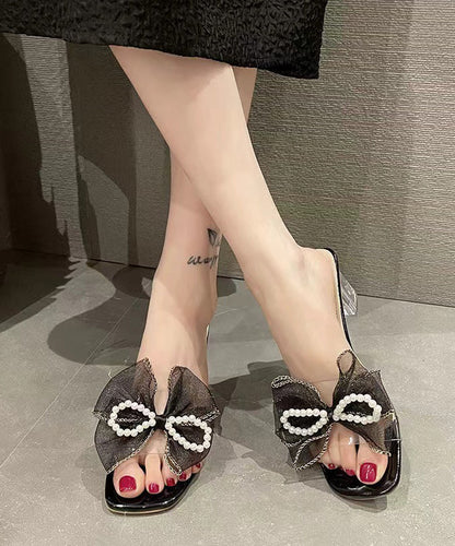 Beige Chunky Heels Diy Bow Pearl Splicing Slide Sandals