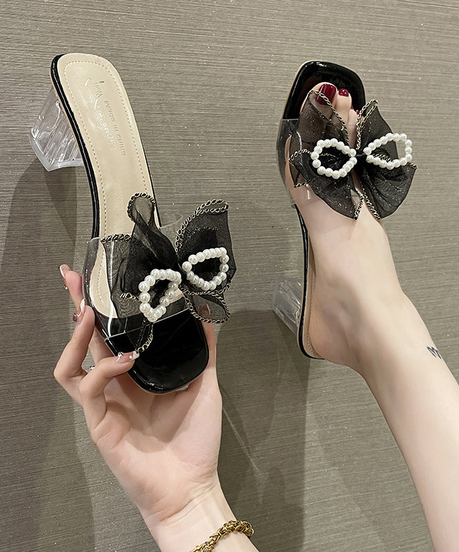 Beige Chunky Heels Diy Bow Pearl Splicing Slide Sandals