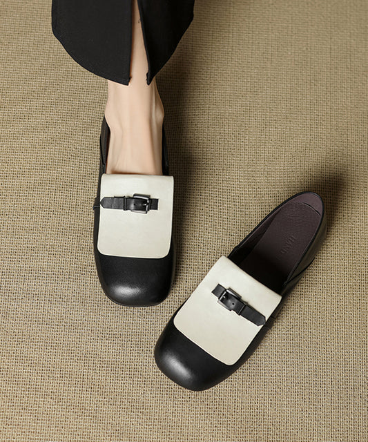 Beige Cowhide Leather Splicing Loafers for