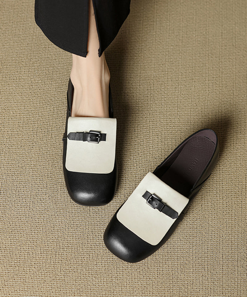 Beige Cowhide Leather Splicing Loafers for