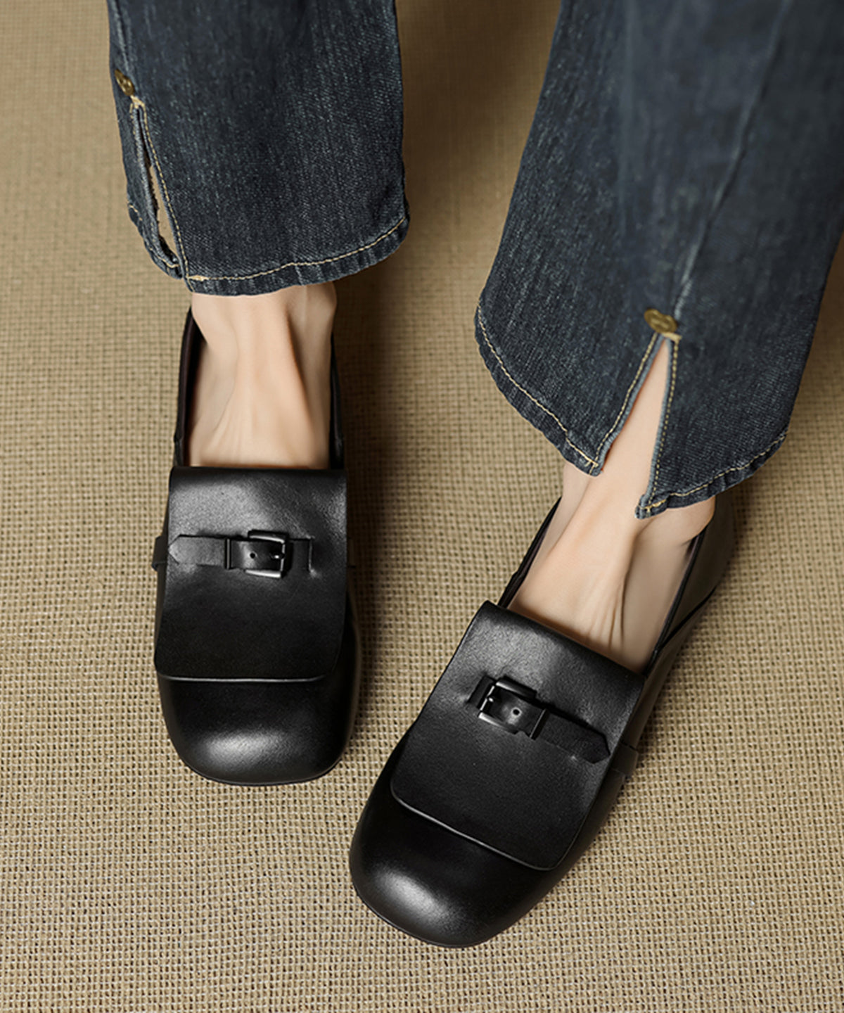 Beige Cowhide Leather Splicing Loafers for