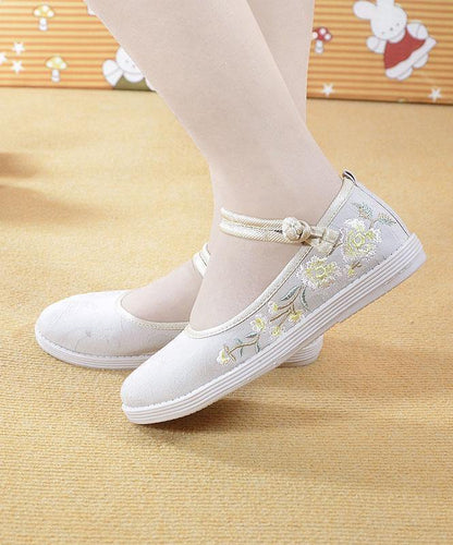 Beige Embroideried Cotton Fabric Flat Shoes Buckle Strap Flat Shoes