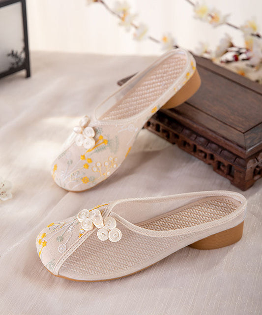 Beige Embroideried Slide Sandals Tulle Splicing
