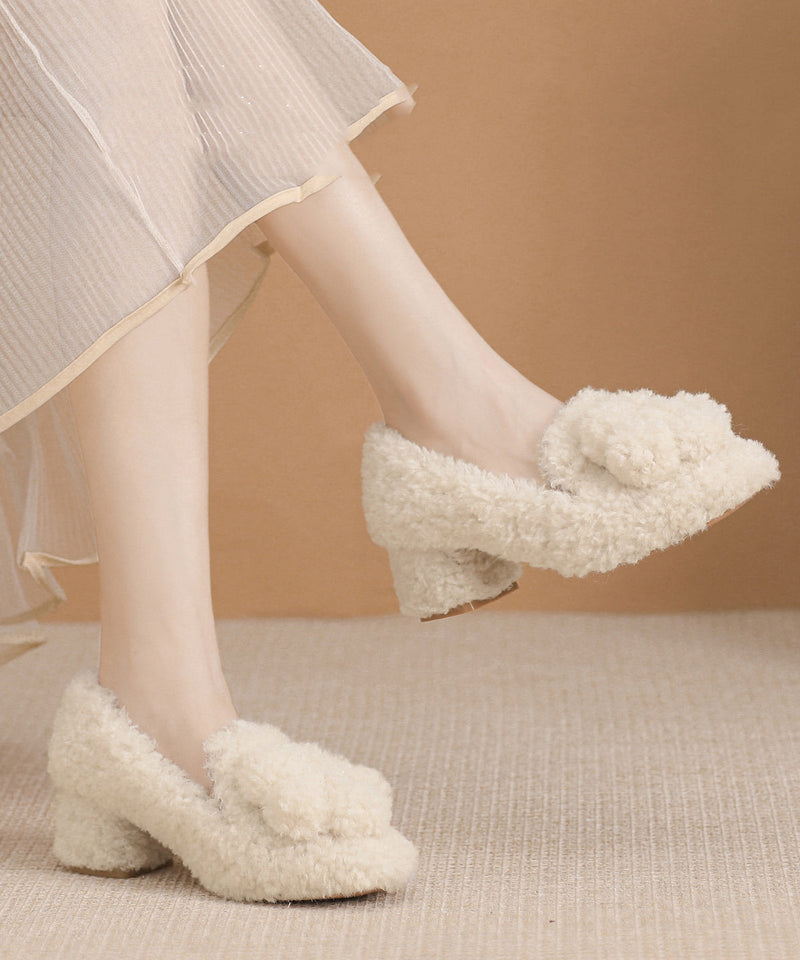 Beige Faux Fur Splicing Chunky High Heels Fuzzy Wool Lined