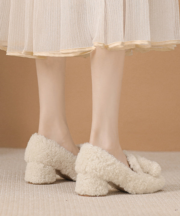 Beige Faux Fur Splicing Chunky High Heels Fuzzy Wool Lined