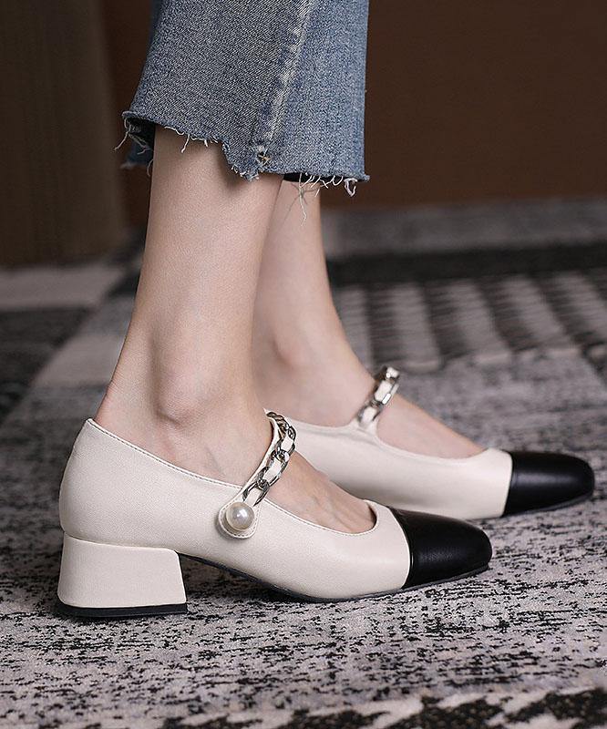 Beige Faux Leather Patchwork Buckle Strap Chunky High Heels