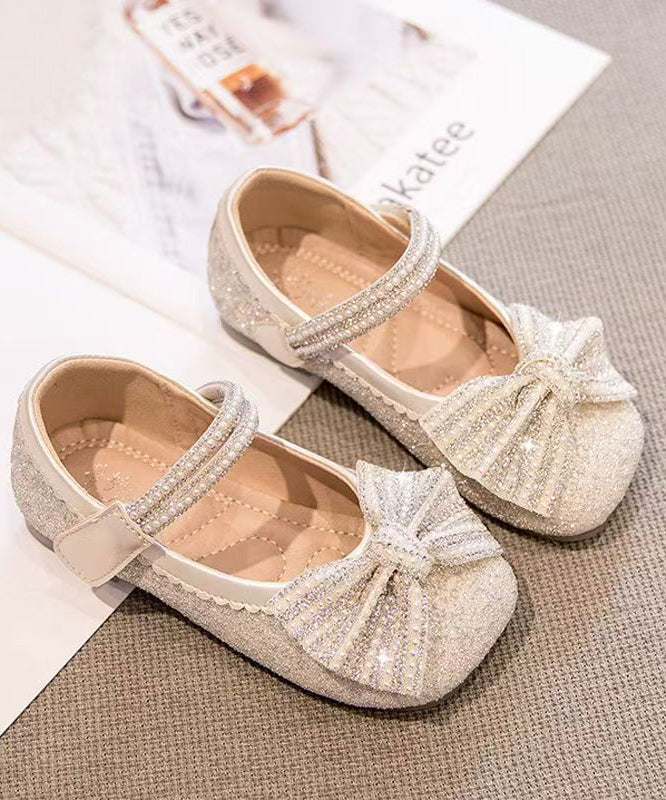 Beige Fine Bow Nail Bead Buckle Strap Kids Princess Shoes