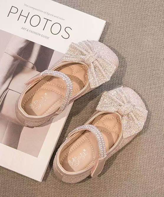 Beige Fine Bow Nail Bead Buckle Strap Kids Princess Shoes