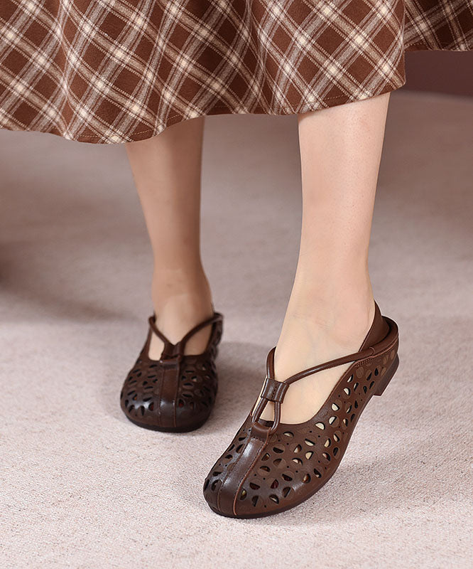 Beige Flat Feet Shoes Cowhide Leather Hollow Out Flat Feet Shoes