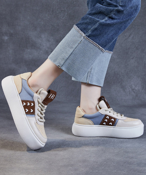Beige Flat Shoes Platform Cowhide Leather Lace Up