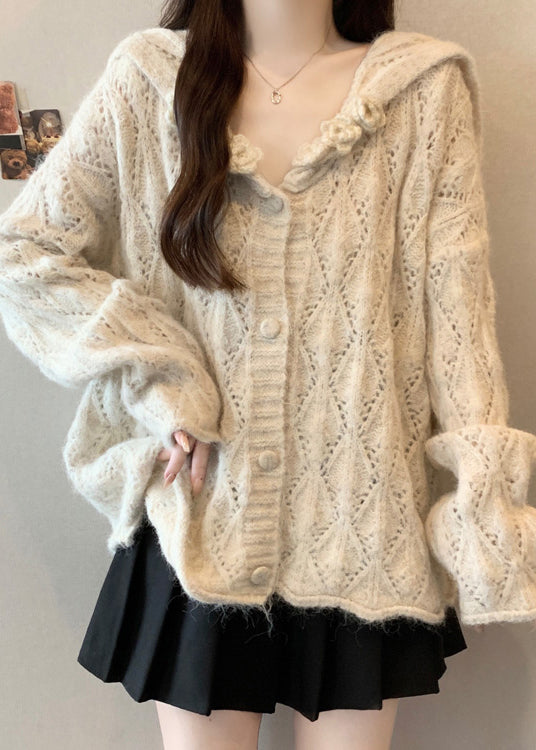 Beige Button Cozy Knit Cardigan Tops Hollow Out