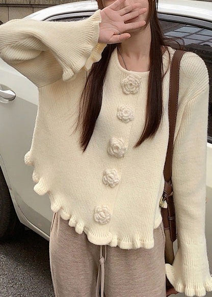 Beige Cozy Knit Sweater O Neck Flare Sleeve