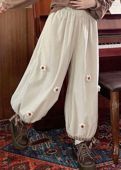 Beige Lace Up Corduroy Wide Leg Pants High Waist