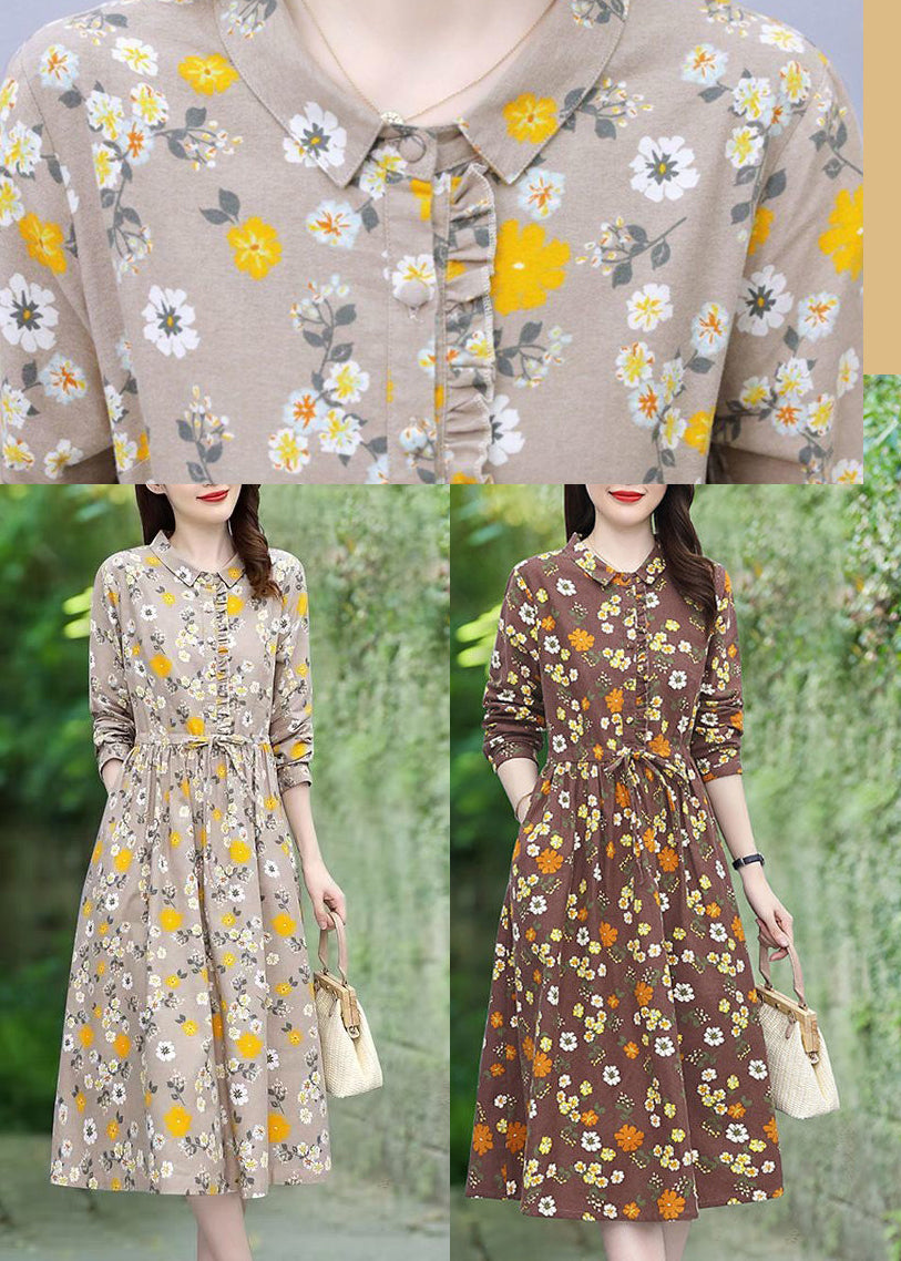 Beige Print Cotton Long Dress Tie Waist Spring