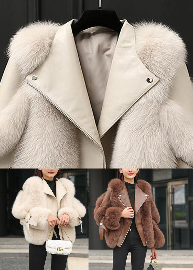 Beige Fox Collar Button Leather and Faux Fur Coats Winter