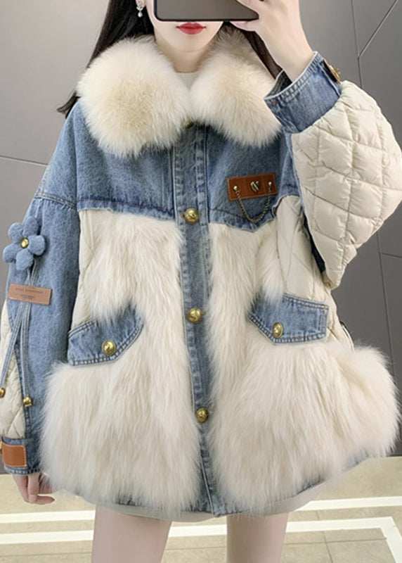 Beige Fox Collar Denim Patchwork Button Down Coats Winter