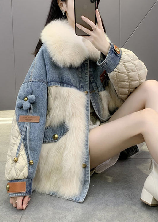 Beige Fox Collar Denim Patchwork Button Down Coats Winter