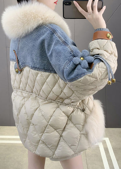 Beige Fox Collar Denim Patchwork Button Down Coats Winter