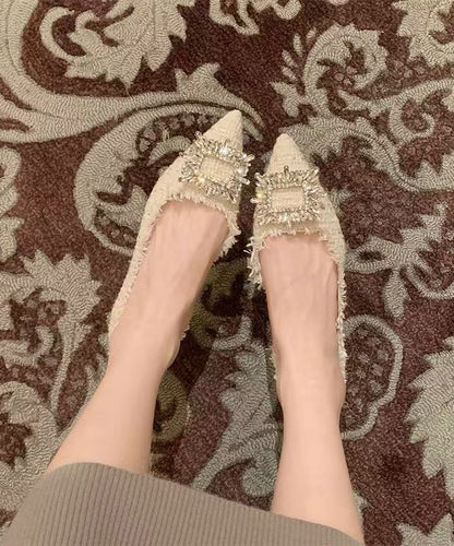 Beige French Zircon Splicing Flat Feet Shoes Pointed Toe