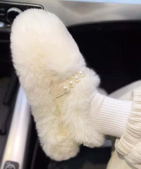 Beige Fuzzy Fur Platform Penny Loafers Splicing Nail Bead