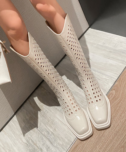 Beige Hollow Out Chunky Cowhide Leather Boots