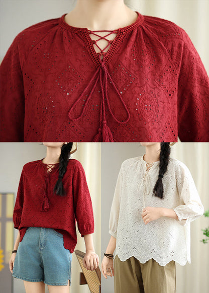 Beige Hollow Out Cotton Shirt Top Lace Up Bracelet Sleeve