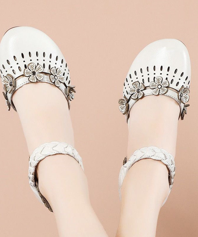 Beige Hollow Out Chunky Cowhide Leather Splicing Sandals