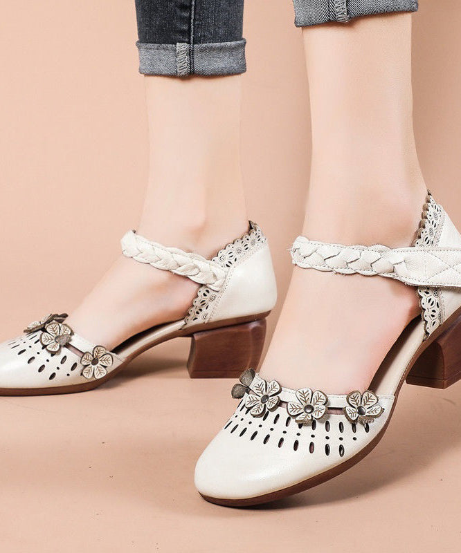 Beige Hollow Out Chunky Cowhide Leather Splicing Sandals