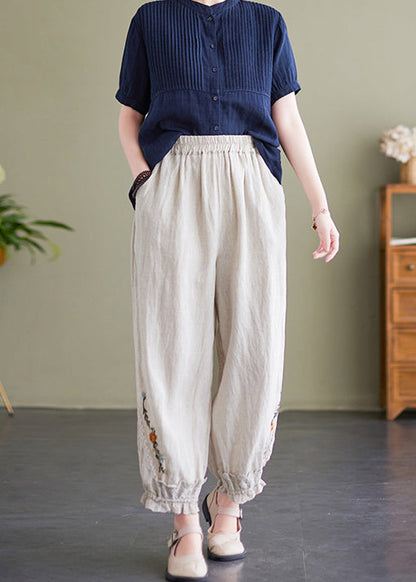 Beige Lace Pockets Linen Lantern Trousers Embroideried Summer