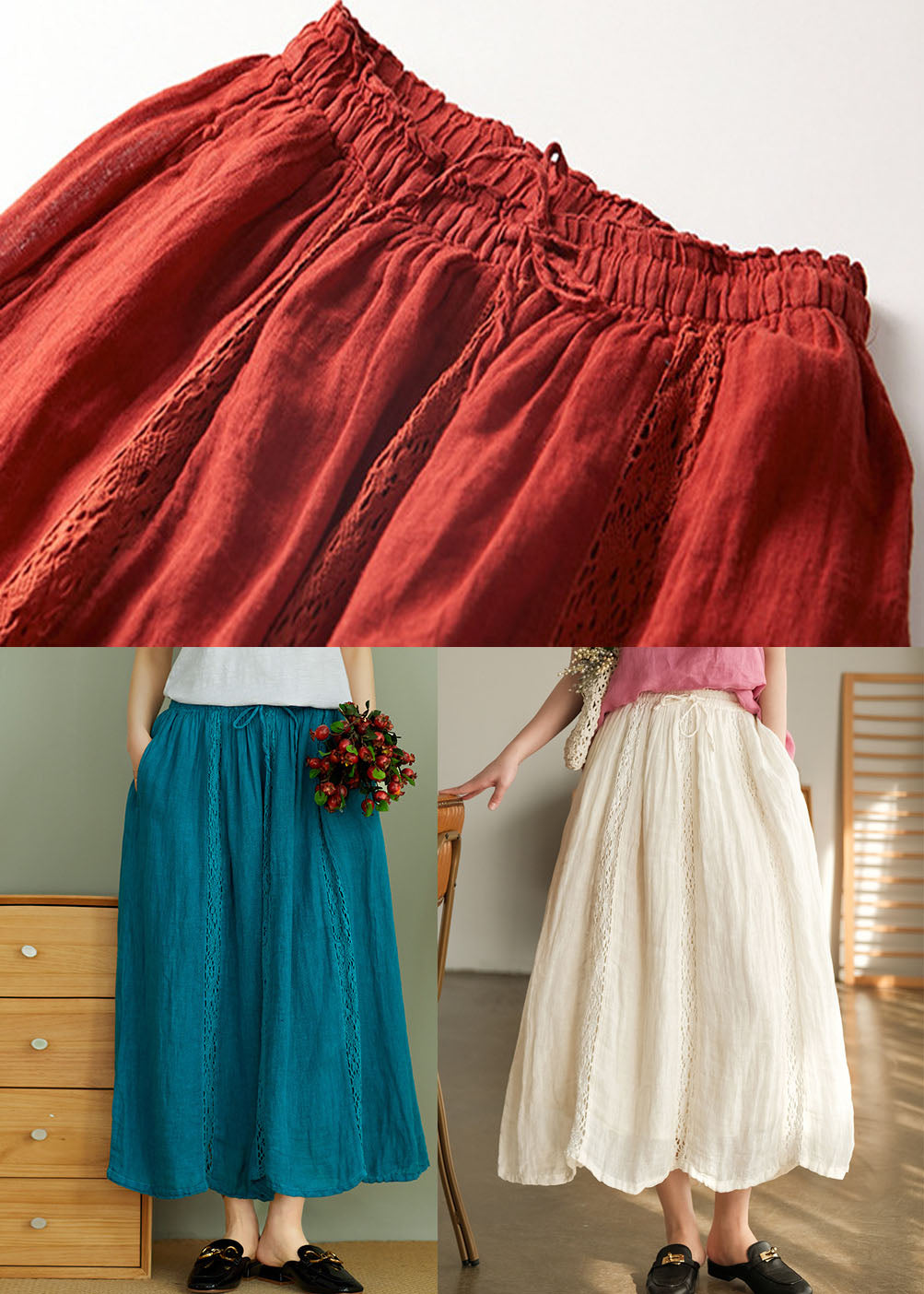 Beige Linen a Line Skirts Tie Waist Spring