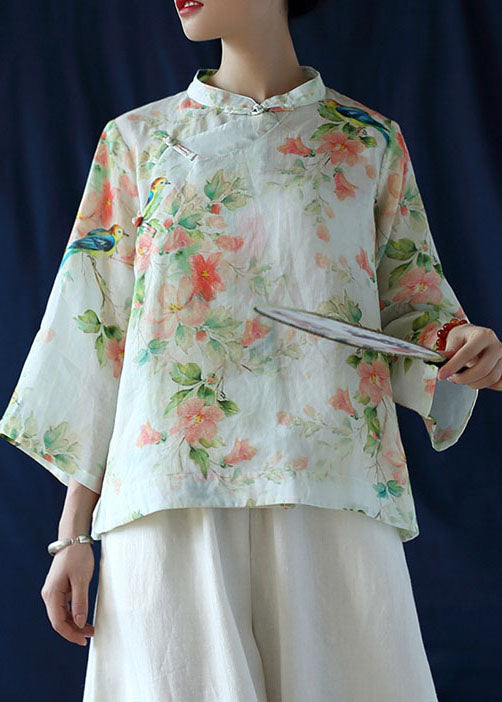 Beige Linen Shirt Top Stand Collar Low High Design Three Quarter Sleeve