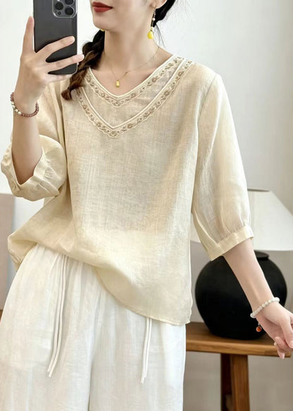 Beige Linen Shirt Tops Double-layer Embroidered Summer