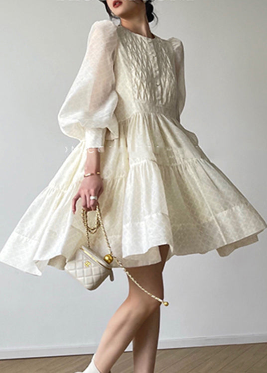 Beige O-neck Button Silk Mid Dresses Long Sleeve