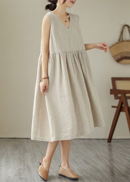 Beige O-neck Cotton Long Dress Sleeveless