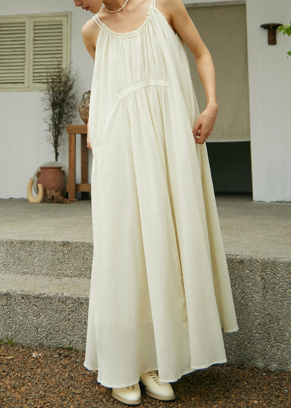 Beige O-neck Wrinkled Cotton Maxi Spaghetti Strap Dress Sleeveless