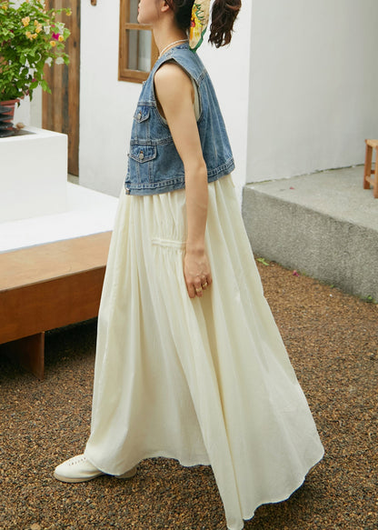 Beige O-neck Wrinkled Cotton Maxi Spaghetti Strap Dress Sleeveless