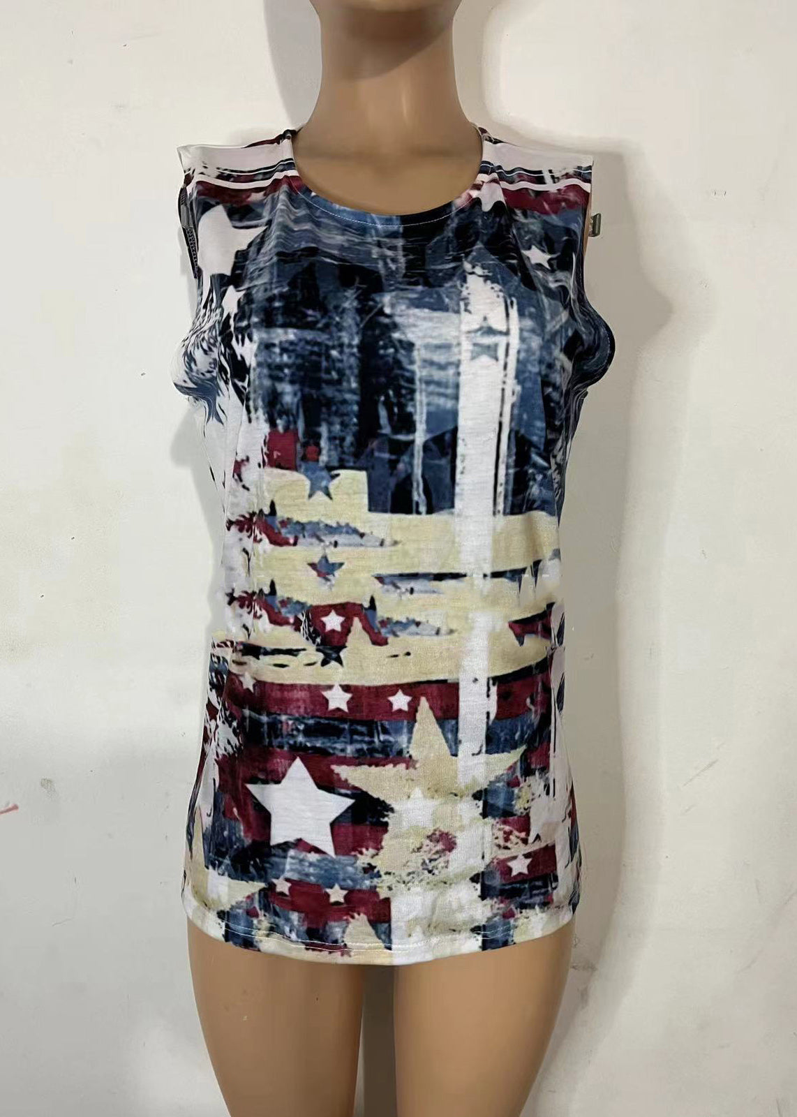 Beige Original Design Independence Day Print Cotton Tanks O-neck Summer