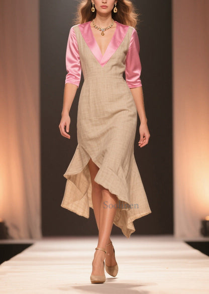 Beige Patchwork Linen Silk Dresses Ruffled Side Open Summer