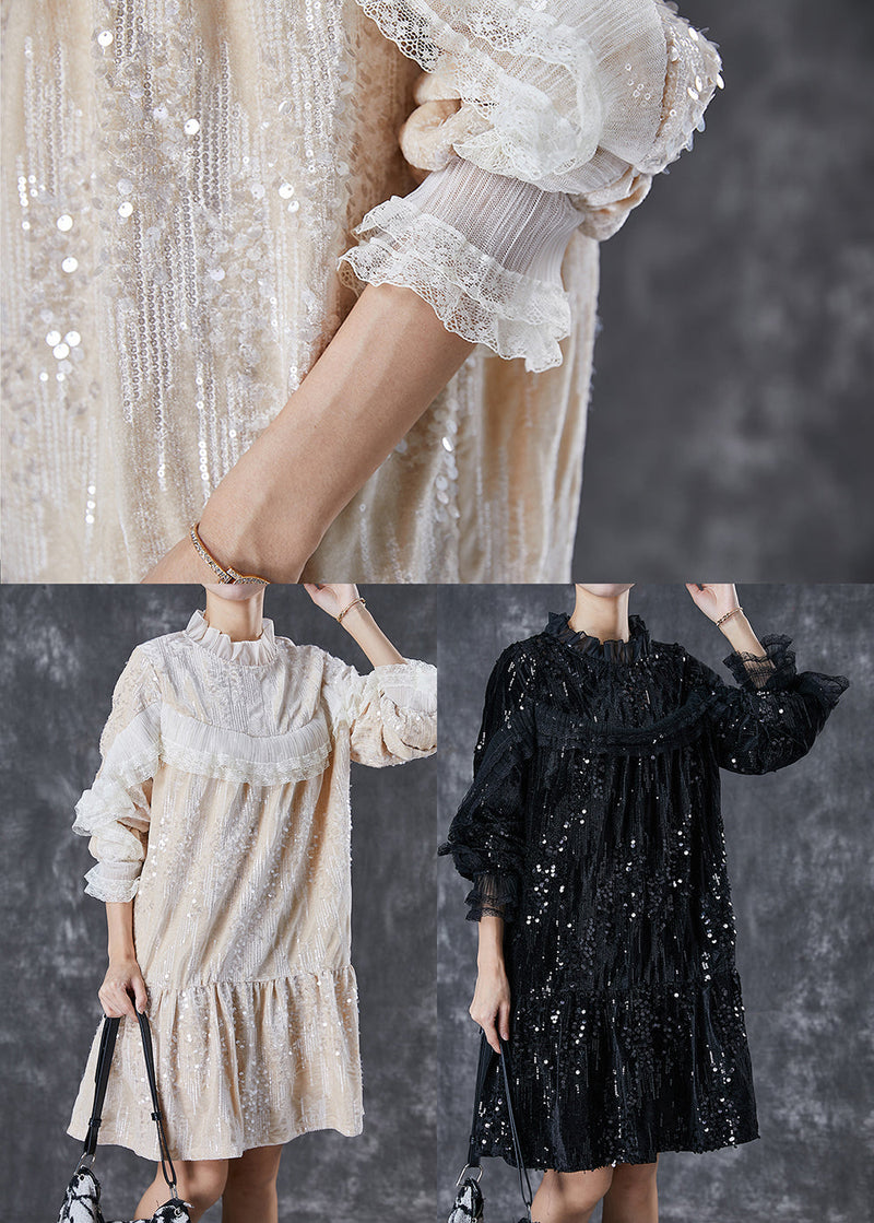 Beige Patchwork Ruffles Velour Mini Dresses Sequins Spring