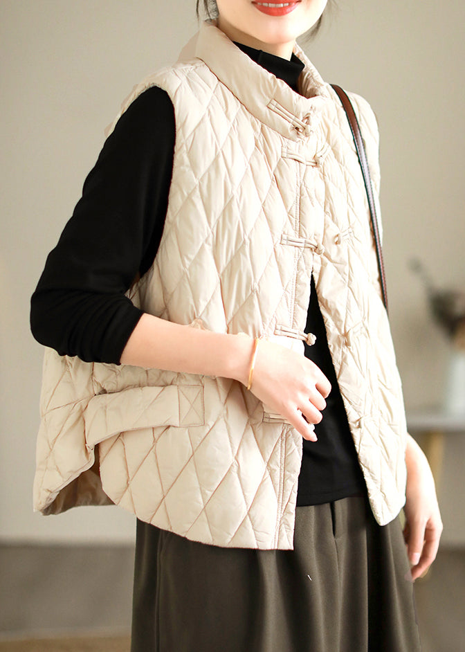 Beige Plaid Button Fine Cotton Sleeveless Stand Collar