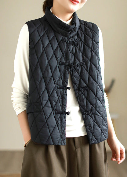 Beige Plaid Button Fine Cotton Sleeveless Stand Collar
