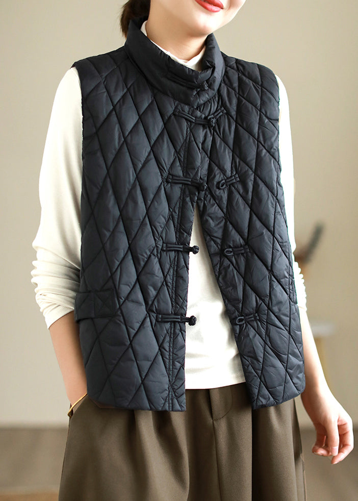 Beige Plaid Button Fine Cotton Sleeveless Stand Collar