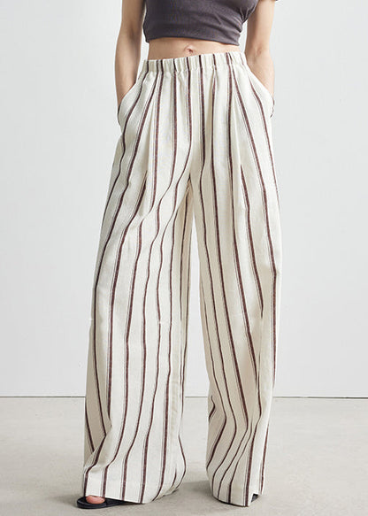 Beige Pockets Elastic Waist Linen Wide Leg Pants Striped