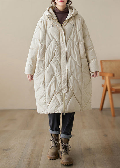 Beige Pockets Fine Cotton Filled Parkaer Zip Up Winter