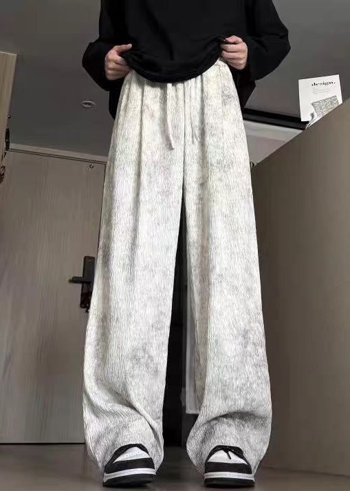 Beige Pockets Lace Up Cotton Wide Leg Pants Tie Dye